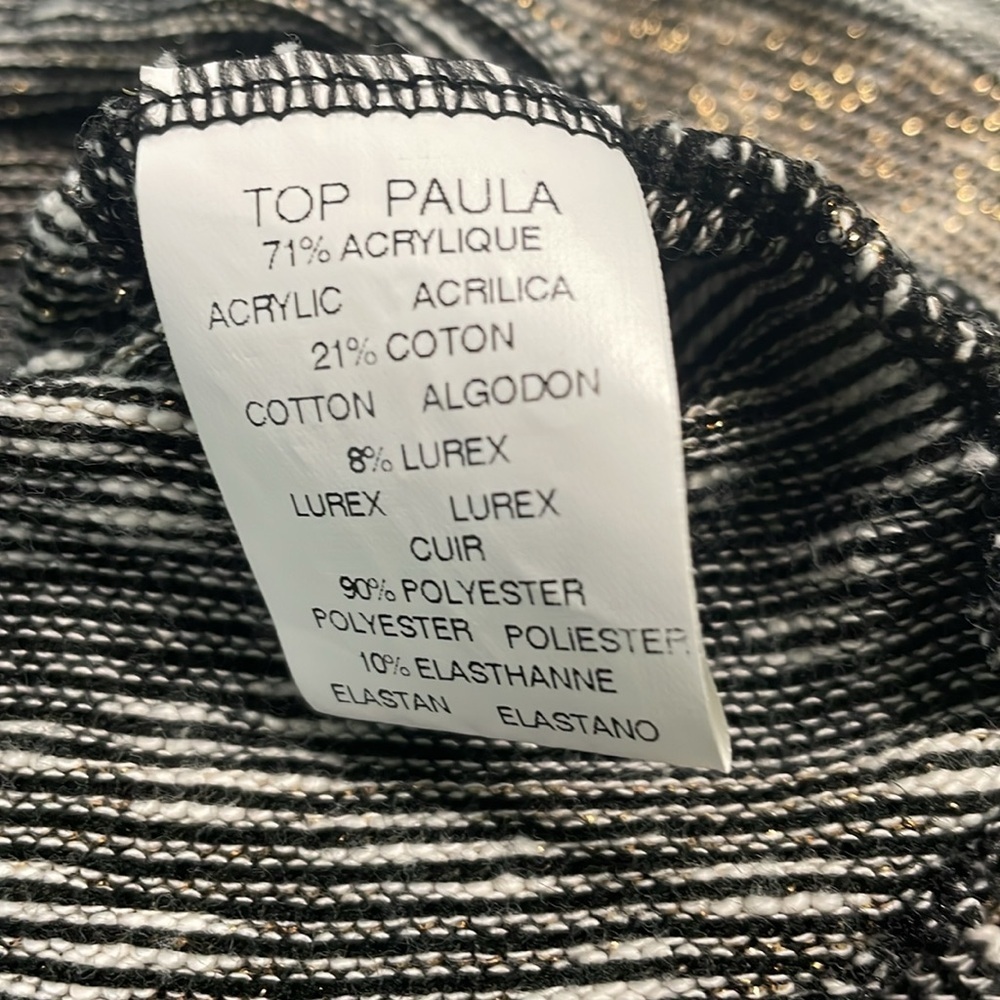 Deby Debo top XS faux leather short sleeves striped black/white/gold hi/lo hem - Picture 7 of 10